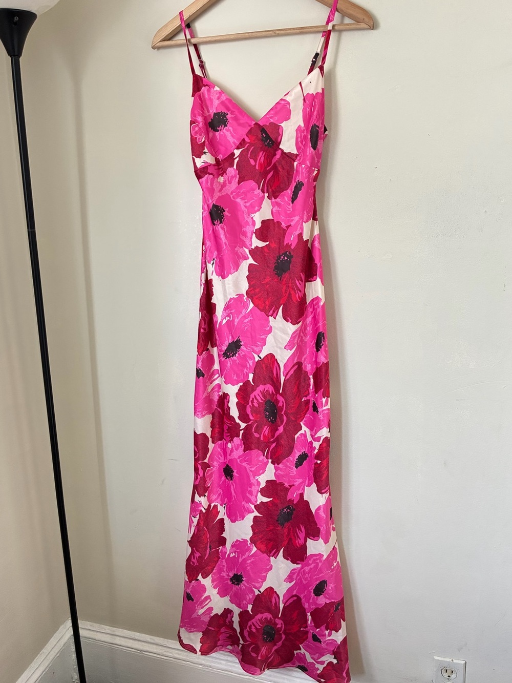 Emory Park Babydoll Pink Floral Maxi Dress Satin Slip V-Neck Feminine Garden XS